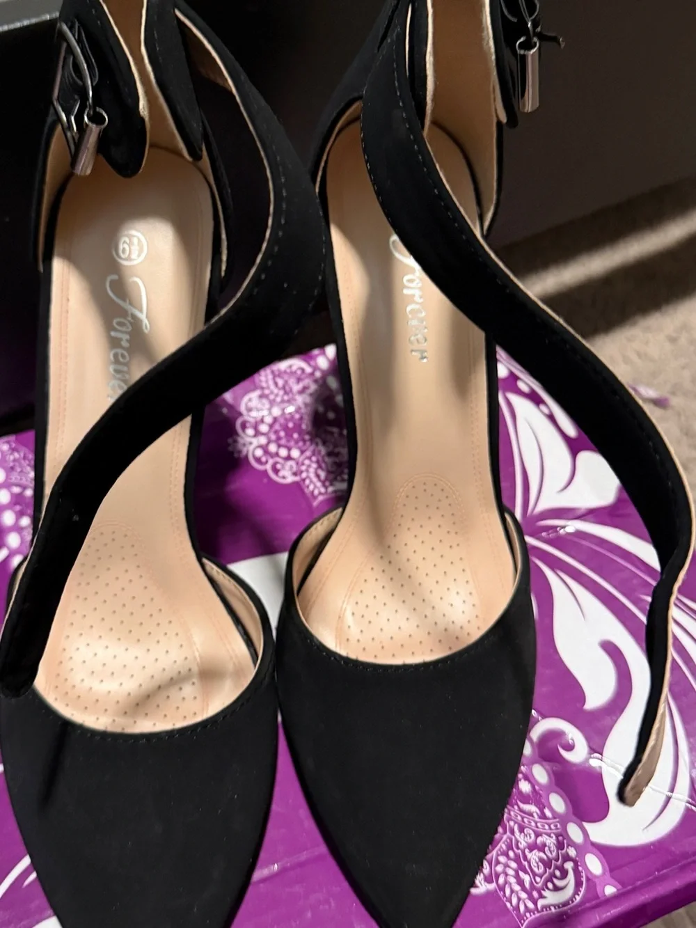 Forever 21 Black Pointed Toe Ankle Strap Heels with Curved Side